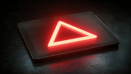 Glows vibrant red triangle on dark tablet screen, digital interface, modern technology concept, abstract graphic design.