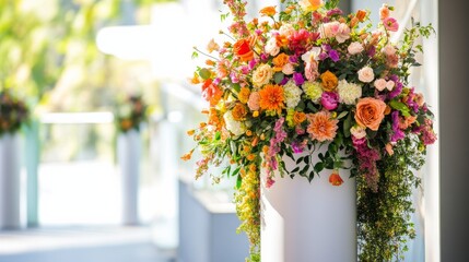 Elegant podium holds colorful flowers for an outdoor event during daylight with bright natural surroundings enhancing the display and attracting attention to the floral arrangement