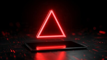 Futuristic red neon triangle hovers over a sleek tablet in a dark, tech-inspired environment, symbolizing innovation and digital connection.