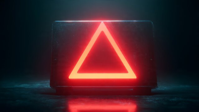 Intense red neon triangle glows in the dark, creating a modern edgy vibe for gaming, technology, or abstract design projects with dramatic lighting - Powered by Adobe
