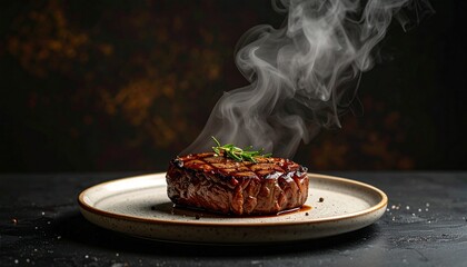 A steaming hot grilled steak served on a white plate against a dark background