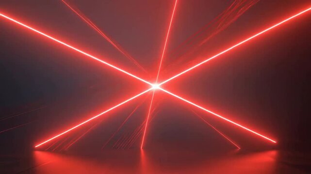 Abstract red laser beams intersecting in a dark, smoky, and futuristic environment.