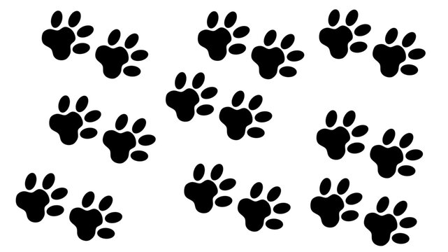 Bunny wet or mud pawprints. Rabbit paw silhouettes stamps. Trace of steps of running or walking hare isolated on white background. Vector