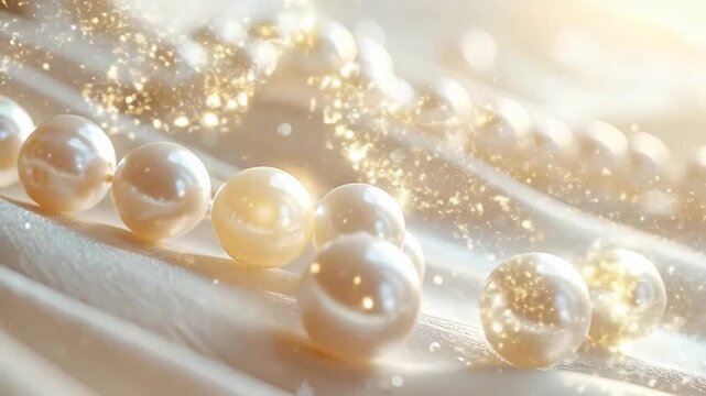 Elegant pearls arranged on a soft, shimmering fabric, creating a luxurious and sophisticated ambiance.