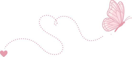 Pink butterfly flying with heart shaped dotted trail path and small heart icon, romantic whimsical aesthetic design isolated on white © its