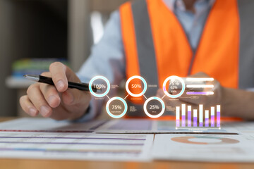 Engineer wearing safety vest analyzing construction project data with digital charts and graphs. Business analytics, performance metrics, planning, technology modern industrial management concept.