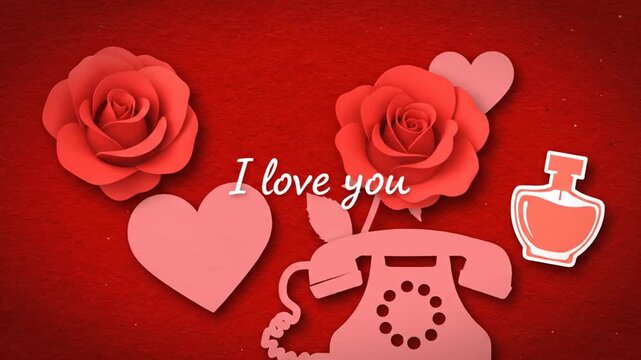 Romantic Valentine's Day scene with red roses, heart, and vintage phone on red background