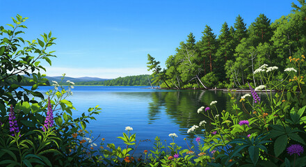 Andersjon lake by summer. flower field, Sweden, Jamtland, Norrland 2