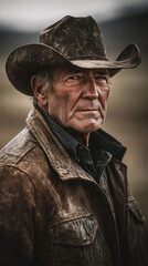 Fototapeta premium Weathered Cowboy Portrait Rustic Leather Jacket Western Man