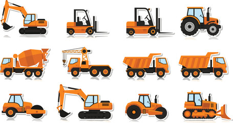 Yellow Construction Vehicles Set Vector Illustration of Heavy Equipment Including Excavator Bulldozer Forklift Crane Cement Mixer and Dump Truck Flat Icons © its