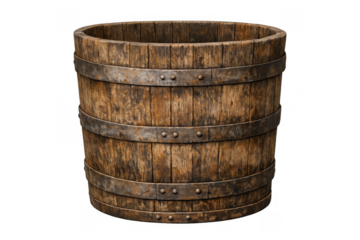 Vintage wooden barrel with metal straps having weathered texture, creating a rustic antique design, transparent background