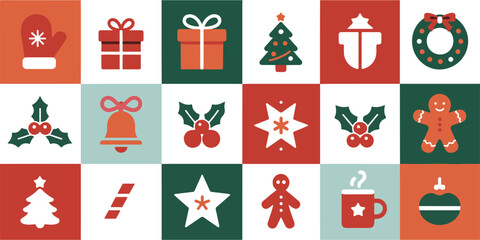 Christmas flat icons mosaic collection in colorful squares