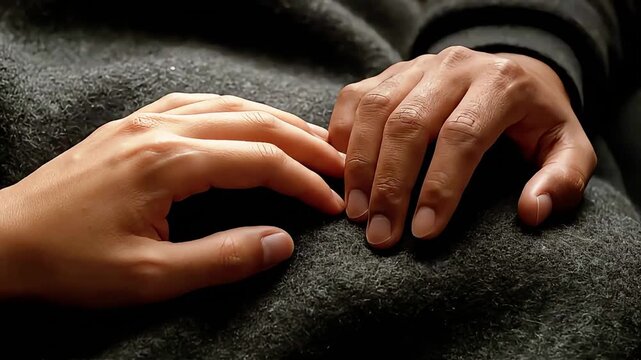Diverse Hands Gently Touching on Gray Fabric, Representing Connection, Comfort, and Support
