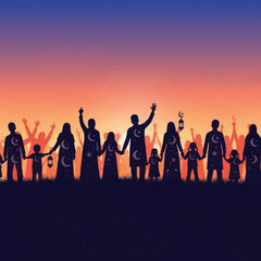 Diverse Muslim Family Silhouettes Celebrating Together at Sunset.