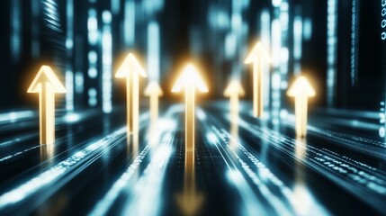 Illuminated row of forward pointing arrows in dimly lit enclosed space directional indicators arranged sequentially in a dark confined area.