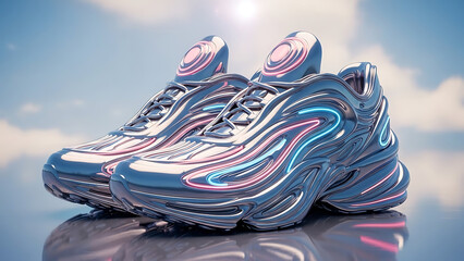 Futuristic sports shoes with neon light accents, showcasing innovative design and modern athletic footwear technology