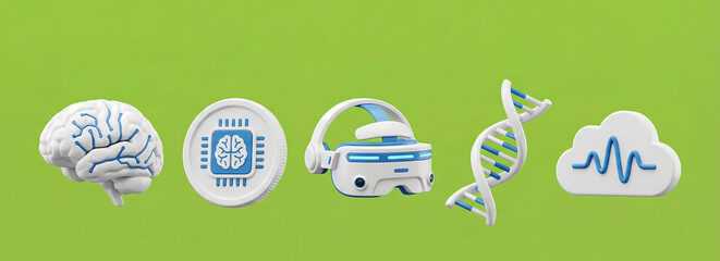 Illustration of scientific and technological advancements including a brain, DNA, and VR headset on a green background