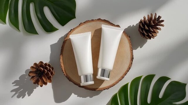 Two white cosmetic tubes for skincare products on wood with leaves