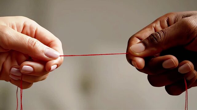 Diverse Hands Holding Red Thread Symbolizing Connection and Unity