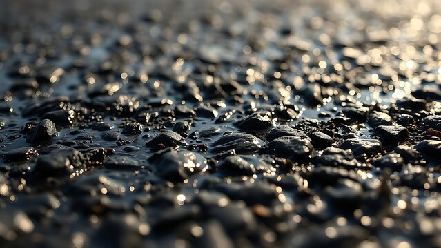 underlayment. Natural asphalt lake surface with oily iridescent sheens under sunlight. ESG reports, sustainability campaigns, designed for environmental awareness campaigns, promotes sustainability.