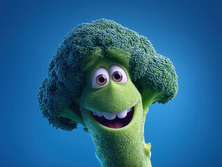 Happy broccoli character, cartoon vegetable, smiling face, blue background, healthy food fun, 3d illustration