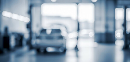 Background features a blurred image of a car in a garage, highlighting the spacious area with soft lighting providing a modern automotive service atmosphere.
