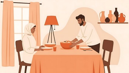 A Muslim couple shares a meal together at a dining table in a cozy home setting.