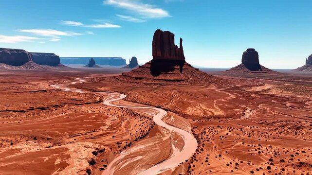 Winding dirt road threads through red desert mesas beneath a bright blue sky monumental rock towers