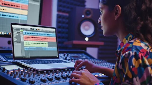 Person in a colorful shirt adjusts a mixing console beside a laptop running daw under neon lights!!!