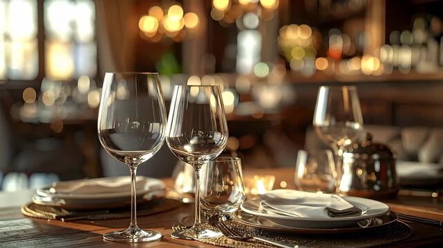 Elegant table setting with wine glasses, plates, and silverware in a restaurant.