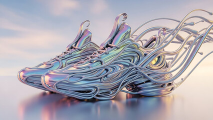 Futuristic Liquid Metal Sneakers Avant-Garde Footwear Design with Flowing Metallic Strands
