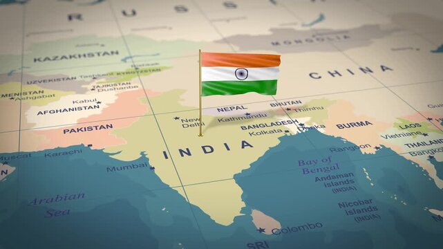 3D India Flag on Map Location Animation