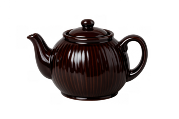 Brown ceramic teapot with ribbed design, brewing hot tea drinks, kitchenware and beverage concept