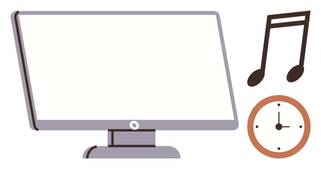 Digital media, time tracking, scheduling, entertainment, creative projects, multimedia tools. A monitor with a music note and clock. Digital media and time tracking concepts