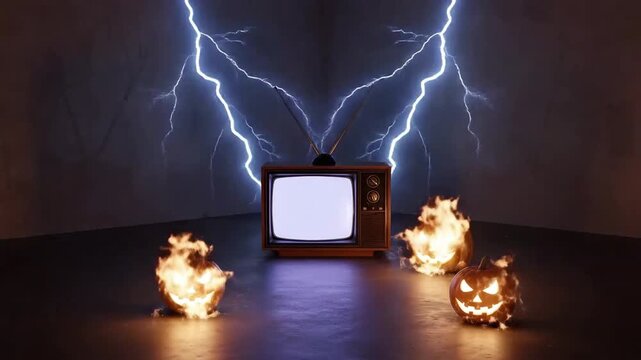 Spooky Halloween scene featuring vintage television set with lightning and glowing jack-o'-lanterns.