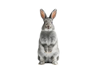 Young adult fluffy gray domestic rabbit, erect ears, standing on hind legs on a pure transparent studio background with ample copy space, alert and curious, minimalist pet portrait concept