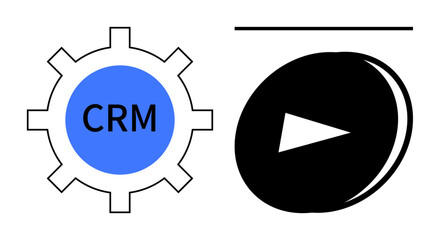 Customer management, digital marketing, business tools, automation, strategy, software. A gear with CRM text and a black play button icon. Customer management and digital marketing concept