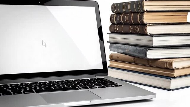 Laptop computer with blank screen next to a stack of old books on white background.