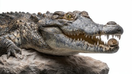 Obraz premium Close-up of a large crocodile opening its jaws with a tiny mouse perched on its teeth, showcasing a stark contrast in size and potential danger.
