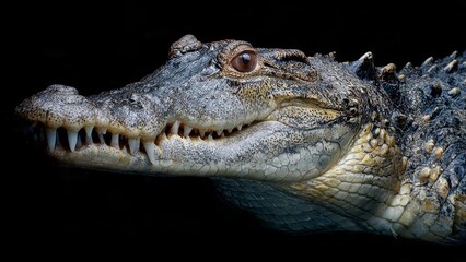 Obraz premium Close-up Portrait of a Crocodile Head with Sharp Teeth and Textured Skin Against a Dark Background