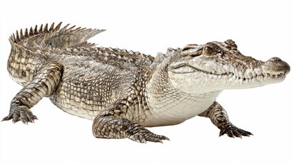 Fototapeta premium Close-up Studio Portrait of a Crocodile with Detailed Scales and Textured Skin Against a White Background