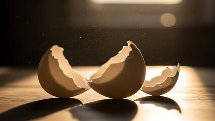 broken eggshells illuminated by golden sunlight on a dark background casting long shadows representing new beginnings and delicate processes.