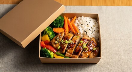 Freshly prepared and artfully arranged chicken and vegetable meal box, offering a delicious and convenient takeout option for a healthy lunch or dinner