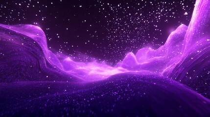 Creative glowing purple metaverse space background with bright stars and gentle hills, capturing a unique digital landscape at night filled with vibrant colors and movement