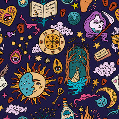 Fairytale vector background. Wizard and books, fairytale characters. Design for teenagers and children. Heart and magic. Seamless pattern with tarot and astrology.