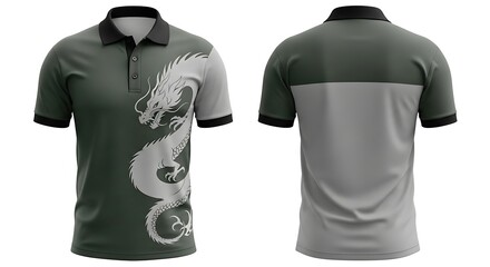 Sleek men's polo shirt mock-up featuring a majestic white dragon graphic on a dark gray and green body, perfect for showcasing custom apparel designs and activewear collections