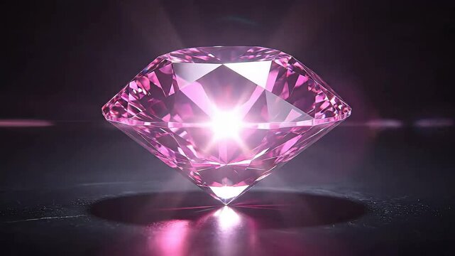 Close-up of a sparkling pink diamond, reflecting light on a dark surface.