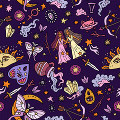 Space and stars seamless pattern with Western astrology. Zodiac animals. A cosmic fantasy backdrop for teenagers and small children. Fun zodiac and tarot cards. Fortune telling and magic