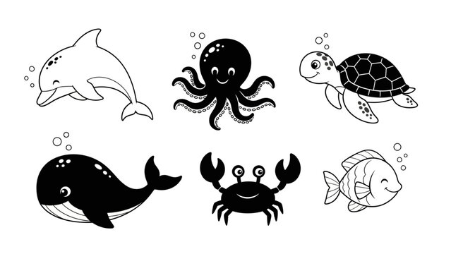 Black and White Marine Animals Collection.