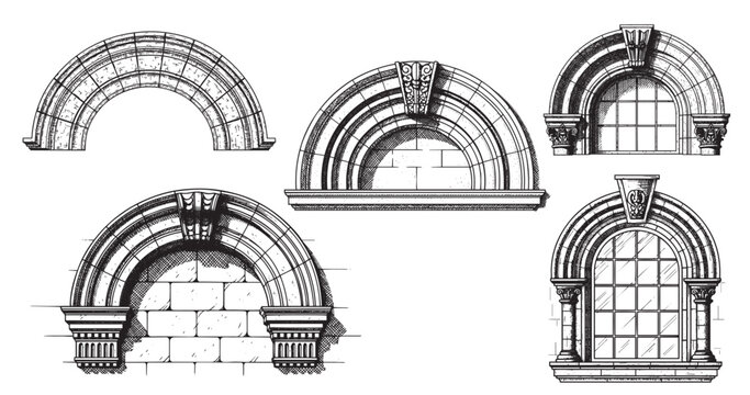 Classical arch window engraving illustration for architectural projects